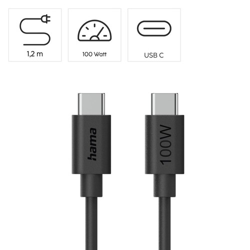 Kabel USB-C Hama o długości 1,2 metra, z obsługą szybkiego ładowania do 100W.