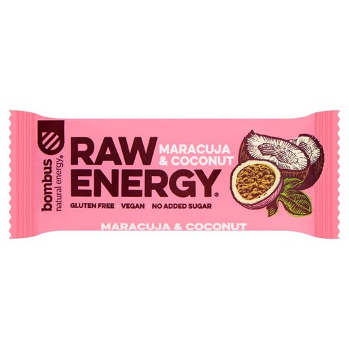 Różowe opakowanie batona RAW ENERGY Bombus, smak marakuja i kokos, 50g. Bezglutenowy, wegański, bez dodatku cukru.