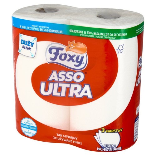 Papier toaletowy Foxy Asso Ultra, 3 warstwy, ultra wchłanianie. Opakowanie 100% recykling.