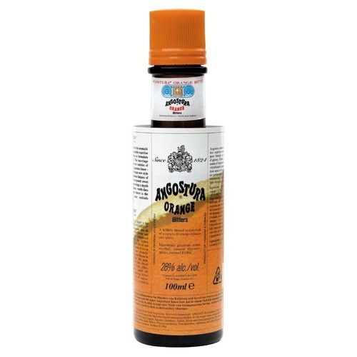 Angostura Orange Bitters, butelka 100 ml z pomarańczową etykietą i nakrętką. Na górze mała buteleczka.
