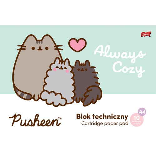 Blok techniczny marki Pusheen, format A4, z 10 arkuszami. Na okładce znajduje się ilustracja: duży, szary kot Pusheen siedzi obok dwóch mniejszych, puszystych kotów, szarego i ciemnoszarego. Nad nimi unosi się różowe serce. Obok napis "Zawsze przytulnie".