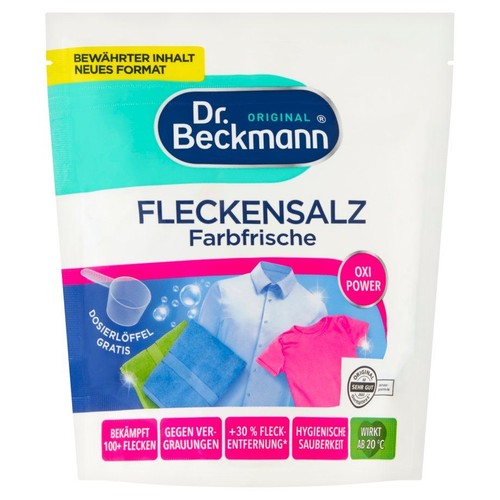 Sól do usuwania plam Dr. Beckmann Farbsfrische. Nowy format, sprawdzona zawartość. Odświeża kolory, z OXI Power.