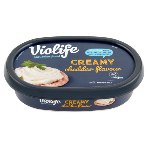 Roślinny krem Violife o smaku cheddara. Wegański, bez nabiału, soi, glutenu, laktozy, orzechów. Zawiera witaminę B12.