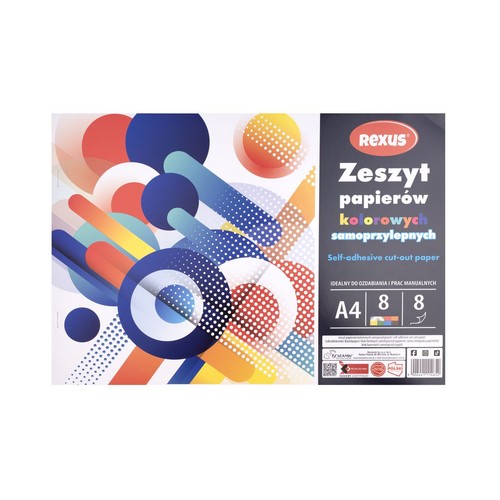 Zeszyt papierów kolorowych samoprzylepnych marki Rexus, format A4. Opakowanie zawiera 8 arkuszy w 8 różnych kolorach. Produkt jest idealny do ozdabiania i różnego rodzaju prac manualnych.