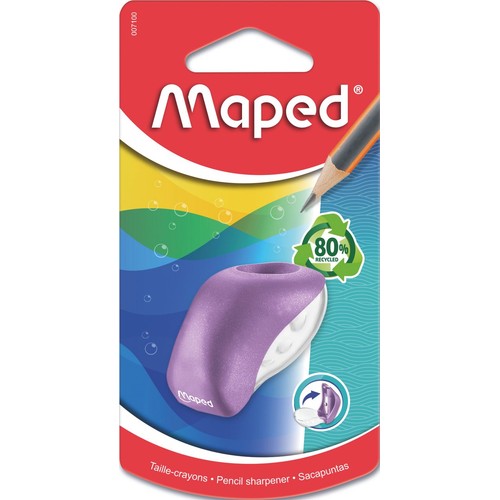 Fioletowa temperówka Maped z białym pojemnikiem na opakowaniu typu blister. Na opakowaniu logo 80% recyklingu.