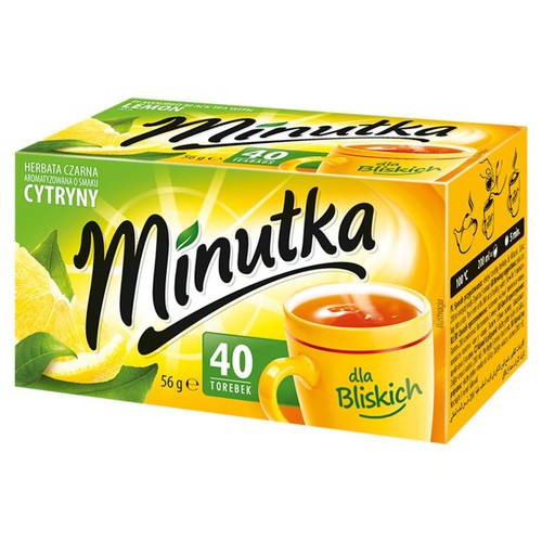 Opakowanie herbaty Minutka, czarna z cytryną. Zawiera 40 torebek, 56 gramów. Na pudełku cytryny i kubek.