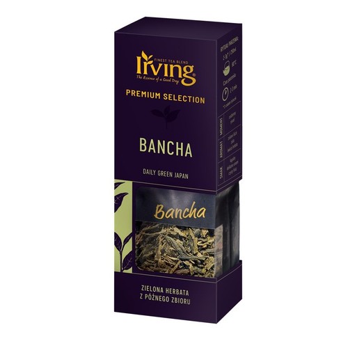 Herbata zielona Living Bancha Premium Selection. Fioletowe pudełko z przezroczystym okienkiem ukazującym suszone liście.