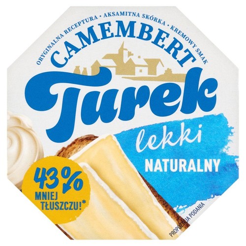 Opakowanie sera Camembert Turek lekki naturalny. Produkt ma 43% mniej tłuszczu, oryginalną recepturę i kremowy smak.