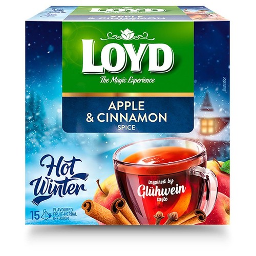 Opakowanie herbaty LOYD Jabłko i Cynamon Korzenny, 15 saszetek. Na pudełku zimowa ilustracja z kubkiem naparu.