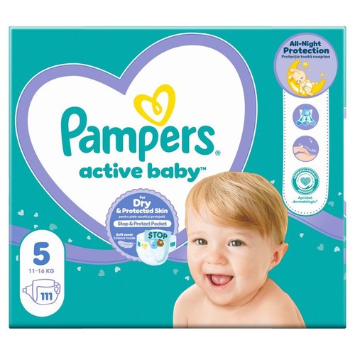 Opakowanie pieluch Pampers Active Baby, rozmiar 5, 111 sztuk. Dla suchej i chronionej skóry.