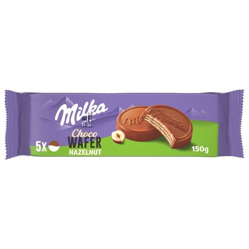 Fioletowe opakowanie Milka Choco Wafer Hazelnut, z grafiką wafla i orzecha.