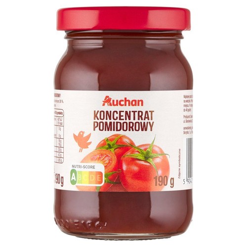 Auchan Koncentrat Pomidorowy w szklanym słoiku z czerwoną zakrętką. Na etykiecie grafika pomidorów i waga 190g.