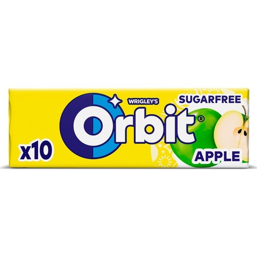 Żółte opakowanie gum do żucia Wrigley's Orbit o smaku jabłkowym, bez cukru. Na opakowaniu widnieje duże, niebiesko-białe logo Orbit, grafika zielonego jabłka (całego i przekrojonego) oraz informacja o 10 sztukach.