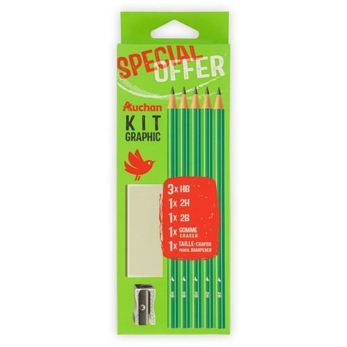 Zestaw graficzny Auchan KIT GRAPHIC w zielonym opakowaniu z napisem "SPECIAL OFFER". Zawiera 5 ołówków: 3x HB, 1x 2H, 1x 2B. Dołączono również białą gumkę do mazania i metalową temperówkę. Na opakowaniu czerwony ptak.
