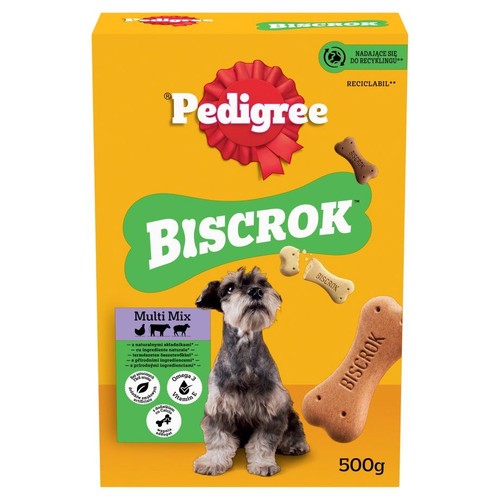 Żółte kartonowe opakowanie Pedigree Biscrok Multi Mix 500g dla psów. Na pudełku siedzący pies i kości.