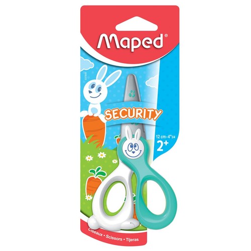 Bezpieczne nożyczki Maped dla dzieci, 12 cm długości, w kolorze turkusowo-białym. Uchwyty nożyczek mają kształt głowy królika. Produkt jest przeznaczony dla dzieci od 2 lat. Opakowanie typu blister z grafiką królika i marchewek.