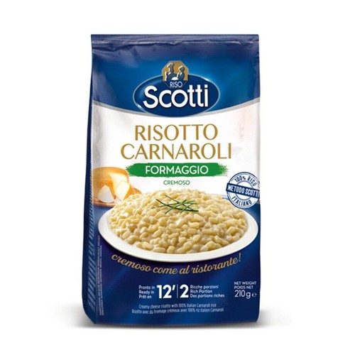 Opakowanie Riso Scotti Risotto Carnaroli Formaggio Cremoso, 210g. Na opakowaniu grafika talerza kremowego risotto z serem i szczypiorkiem oraz kawałka sera. Gotowe w 12 minut.