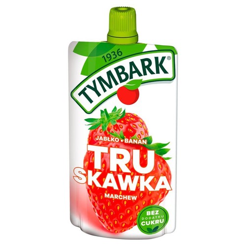 Biała saszetka Tymbark z musem jabłko, banan, truskawka, marchew. Zielona nakrętka. Bez cukru.