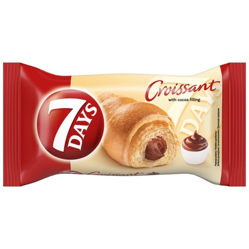 Czerwono-beżowe opakowanie rogalika 7 DAYS. Na etykiecie przekrojony rogalik z nadzieniem kakaowym i miseczka kremu.