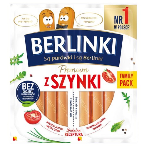 Opakowanie parówek Berlinki Premium z Szynki. Zawiera dwa oddzielne opakowania dla dłuższej świeżości.