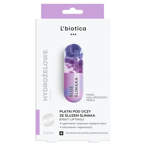 Opakowanie L'biotica Hydrożelowych płatków pod oczy ze śluzem ślimaka. Produkt zapewnia efekt liftingu, ujędrnienie, odżywienie i regenerację skóry. Zawiera kwas hialuronowy i perłę. 3 pary. Testowane dermatologicznie.