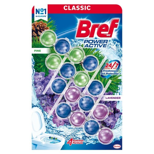 Opakowanie Bref WC Power Active Classic, kostki do toalety. Widoczne zielone, niebieskie i fioletowe kulki. Produkt zapewnia świeżość i ochronę przed brudem 24/7. Na opakowaniu grafika sosny i lawendy oraz toalety.