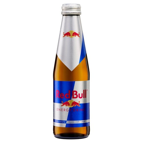 Butelka Red Bull Energy Drink. Na etykiecie widnieje nazwa produktu i dwa czerwone byki.