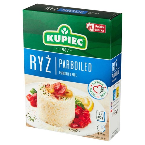 Pudełko ryżu parboiled Kupiec, 4 torebki po 100g. Zielono-białe, z napisem "RYŻ PARBOILED" i ilustracją ugotowanego ryżu z dodatkami.