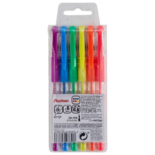 Długopisy neonowe Stylo gel 0.8 mm  Auchan 6 sztuk