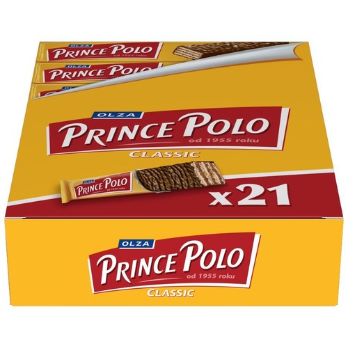 Żółto-czerwone kartonowe opakowanie zbiorcze wafli Prince Polo Classic marki Olza, zawierające 21 pojedynczych sztuk. Na froncie pudełka widnieje duże logo produktu oraz grafika wafelka z widocznymi warstwami.