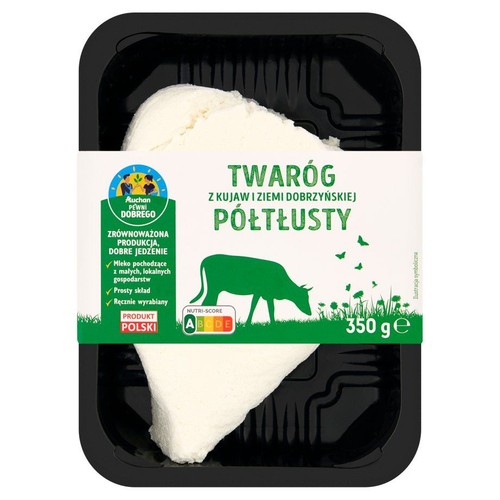 Polski twaróg półtłusty, 350g. Produkt Auchan z mleka od lokalnych gospodarstw, ręcznie wyrabiany.