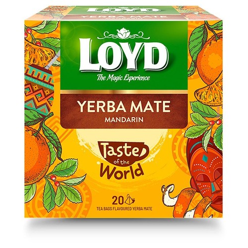Pudełko herbaty LOYD Yerba Mate o smaku mandarynki. Zawiera 20 torebek.