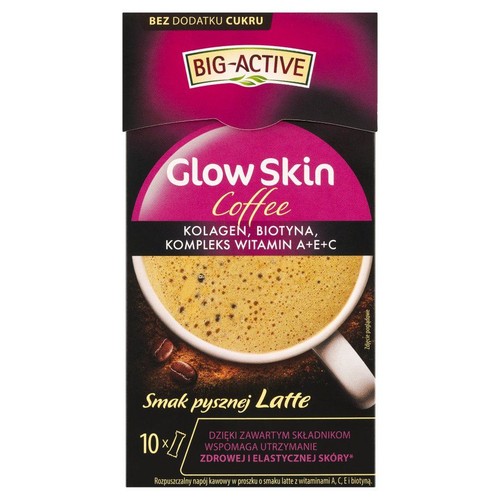Opakowanie Big-Active Glow Skin Coffee, rozpuszczalny napój kawowy latte, 10 sztuk. Z kolagenem i witaminami.