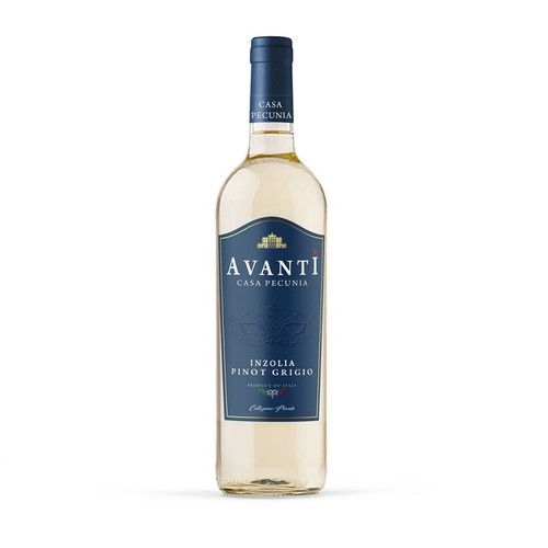 Szklana butelka wina Avanti Casa Pecunia Inzolia Pinot Grigio. Etykieta jest ciemnoniebieska z jasnymi napisami i złotymi elementami, w tym herbem. Zawiera nazwę wina i informację "Produkt z Włoch". Korek butelki jest również ciemnoniebieski.