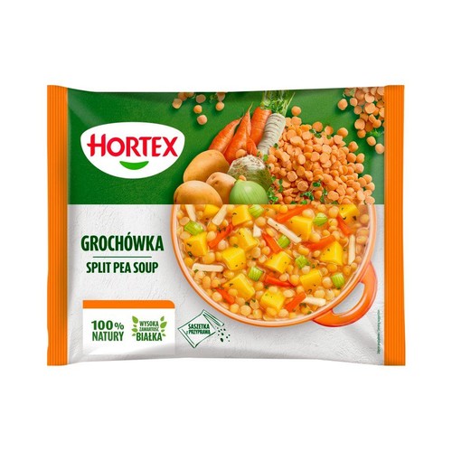 Opakowanie zupy grochowej Hortex. Na grafice surowe warzywa i miska gotowej zupy z grochem i warzywami. 100% natury.
