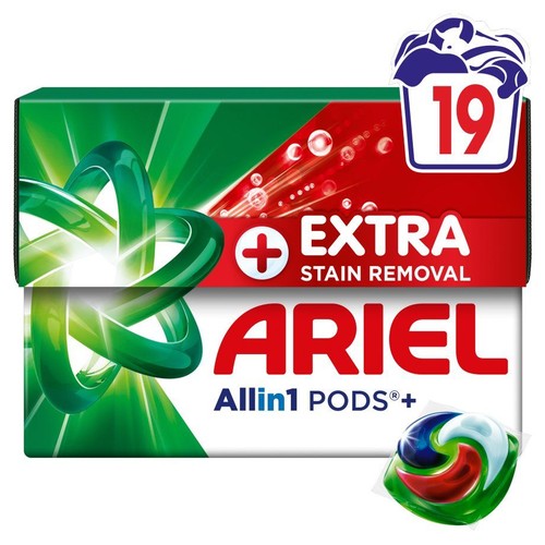 Opakowanie Ariel Allin1 PODS+ z dodatkowym usuwaniem plam, zawiera 19 kapsułek.
