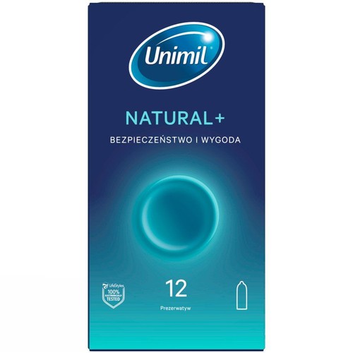 Unimil NATURAL+ prezerwatywy, 12 sztuk. Opakowanie w kolorze granatowym z jasnoniebieskim okręgiem. Bezpieczeństwo i wygoda.