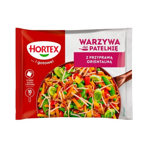 Mrożone warzywa Hortex do smażenia, z orientalną przyprawą. Na opakowaniu grafika warzyw w patelni.
