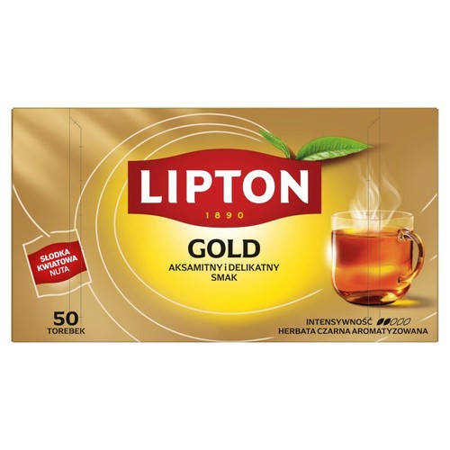 Pudełko herbaty Lipton Gold, 50 torebek. Czarna herbata z nutą słodkich kwiatów. Na opakowaniu filiżanka parującej herbaty.