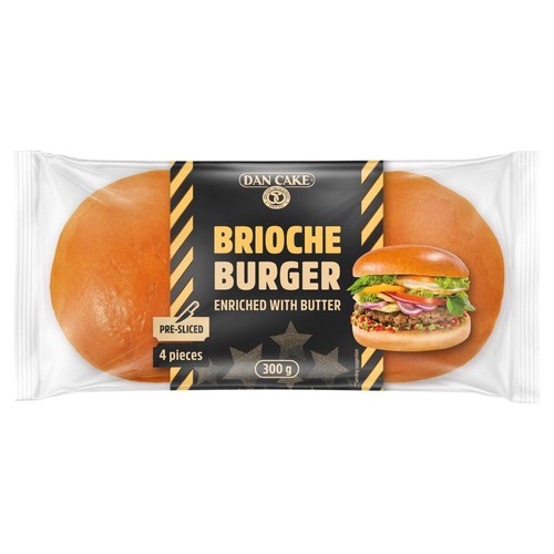 Produkt Dan Cake: bułki brioche do burgerów, wstępnie pokrojone. Opakowanie zawiera 4 sztuki, waga netto 300 g. Na etykiecie znajduje się ilustracja przykładowego burgera z dodatkami.