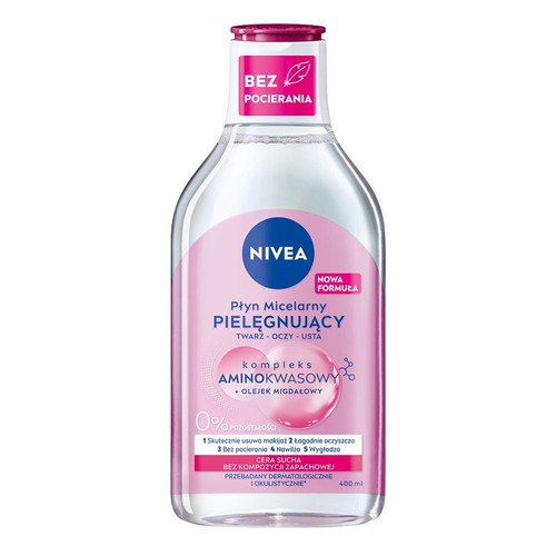 NIVEA Płyn Micelarny Pielęgnujący do twarzy, oczu i ust, 400 ml. Nowa formuła z kompleksem aminokwasowym i olejkiem migdałowym. Skutecznie usuwa makijaż, łagodnie oczyszcza i nawilża bez pocierania. Przeznaczony do cery suchej.