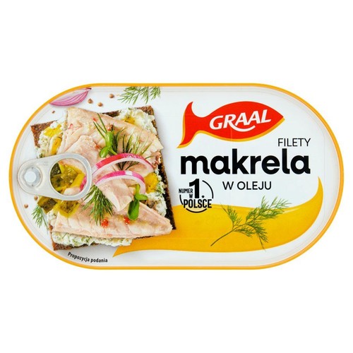 Graal Filety Makrela w oleju, owalna puszka. Na opakowaniu grafika kanapki z makrelą, cebulą i koperkiem. Numer 1 w Polsce.