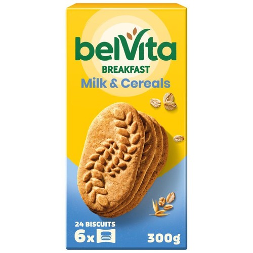 belVita Śniadaniowe Mleko i Zboża, 24 herbatniki, 300g. Żółto-niebieskie opakowanie z owalnymi herbatnikami i wzorem zboża.