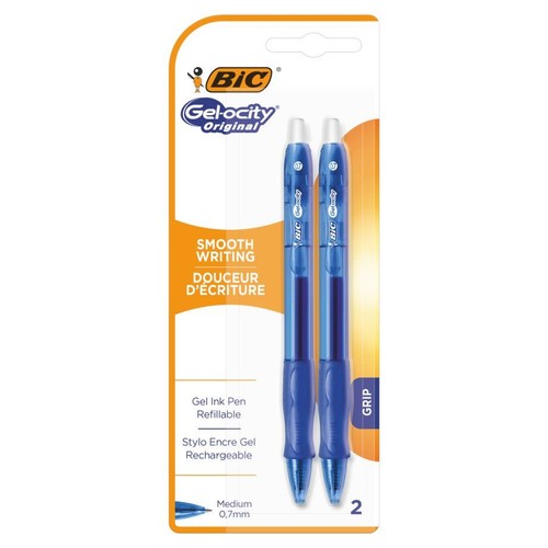 Dwa niebieskie długopisy żelowe BIC Gelocity Original 0,7 mm w blistrze. Zapewniają płynne pisanie i mają uchwyt.
