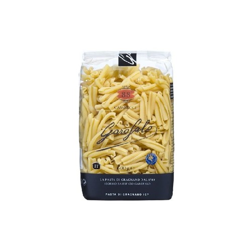 Makaron Garofalo Casarecce 600g w przezroczystym worku. Produkt z Gragnano, oznaczony jako ChNP. Na opakowaniu widoczne logo Garofalo i informacja o tradycji od 1789 roku.