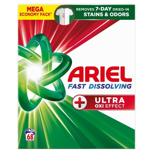 Opakowanie proszku do prania Ariel Fast Dissolving Ultra Oxi Effect, 68 prań. Usuwa zaschnięte plamy i zapachy.