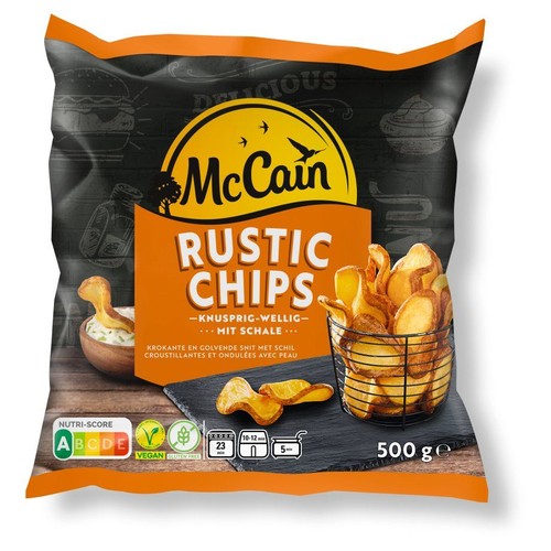 McCain Rustic Chips 500 g. Frytki ziemniaczane, chrupiące i faliste, ze skórką. Na opakowaniu grafika frytek.