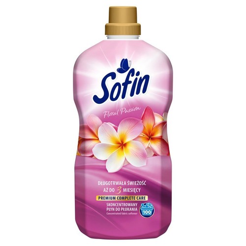 Skoncentrowany płyn do płukania tkanin Sofin Floral Passion. Oferuje kompleksową pielęgnację premium i świeżość do 3 miesięcy.