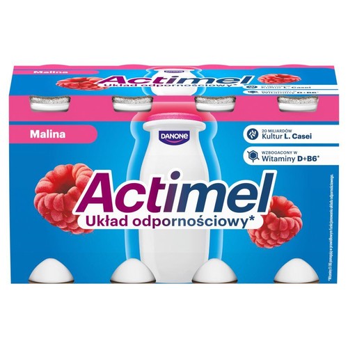 Opakowanie 6 butelek Actimel o smaku malinowym. Zawiera 20 miliardów kultur L. Casei i witaminy D+B6. Wspiera odporność.