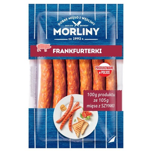 Morliny Frankfurterki w przezroczystym opakowaniu. Produkt z 105g mięsa z szynki na 100g.